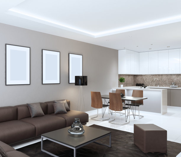 小公寓现代白色客厅内饰小厨房图片下载