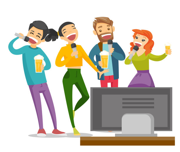 年轻的白人朋友在唱卡拉ok图片下载