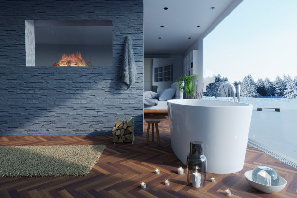 独立式浴缸和壁炉的3d渲染在石头砖墙右边的冬季景观图片下载