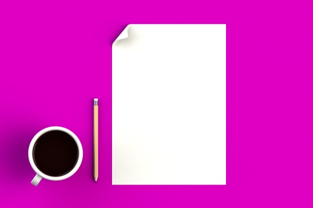 咖啡杯与空白纸在粉红色的背景，顶视图与copyspace为您的文本，3D渲染图片下载