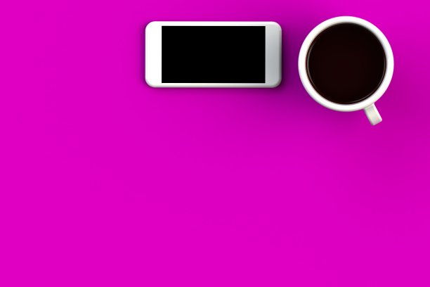 咖啡杯与智能手机在粉红色的背景，顶视图与copyspace为您的文本，3D渲染图片下载