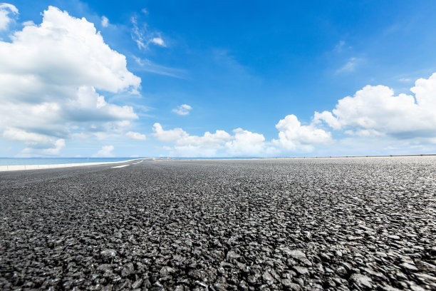 柏油马路，蓝天白云，湖边图片下载