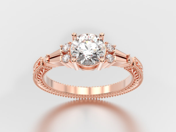 3D插图玫瑰金装饰钻石戒指与装饰图片下载