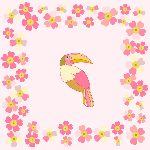 浪漫的碎花背景。卡通彩虹巨嘴鸟图片下载