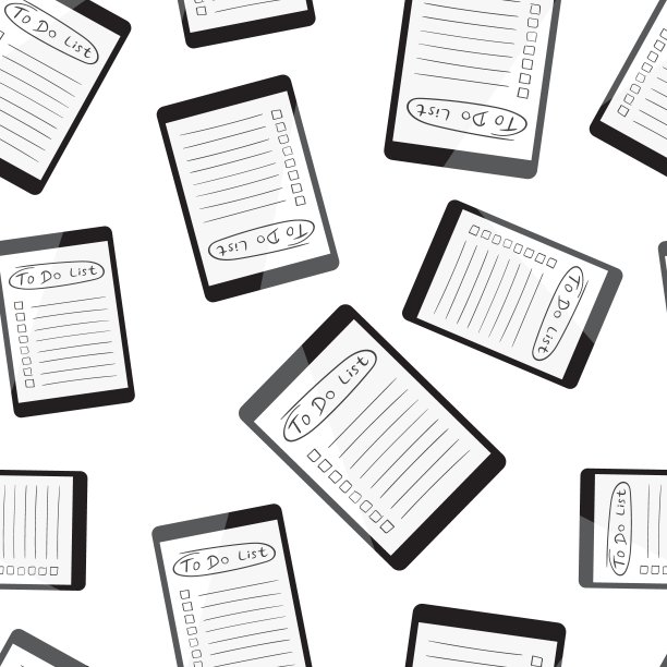 商人做清单，清单用平板电脑无缝模式背景。商业平面矢量插图。检查表、任务表符号图案。图片下载