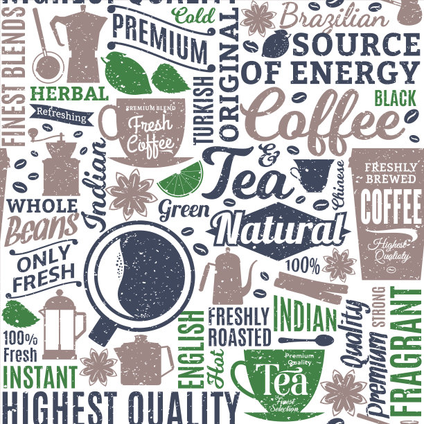复古风格的排版向量咖啡和茶无缝模式或背景图片下载