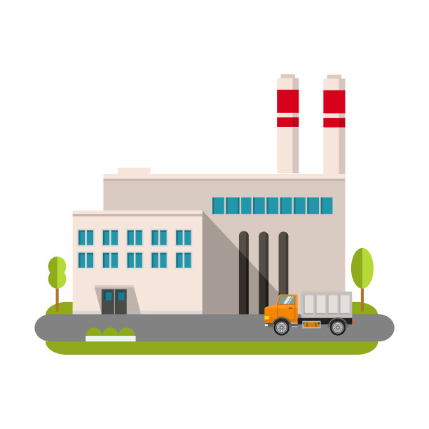 扁平风格的工业工厂矢量插画：工厂建筑、道路、树木、窗户和外墙图片下载