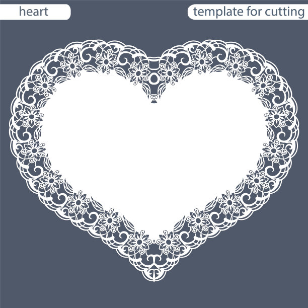 贺卡与镂空的边界，纸垫下的蛋糕，模板切割的形式的心，情人卡，婚礼邀请，装饰板是激光切割，矢量插图。图片下载