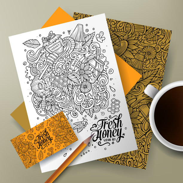 卡通向量涂鸦蜂蜜企业身份集图片下载