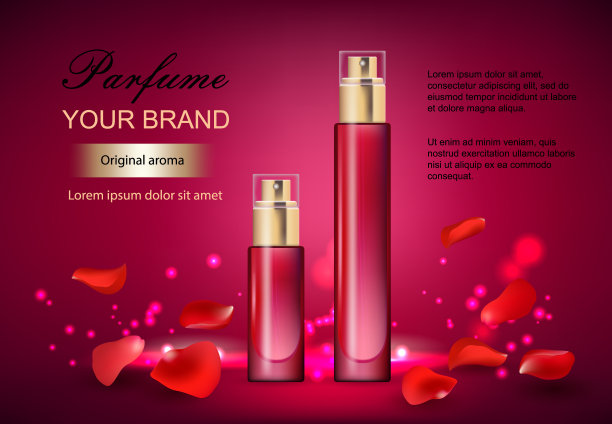 矢量插图的现实风格的香水在一个红色的背景与玫瑰花瓣玻璃瓶。很好的广告海报推广一种新的香味图片下载