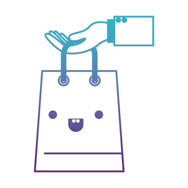 手握一个梯形卡哇伊购物袋在退化的蓝色到紫色轮廓图片下载