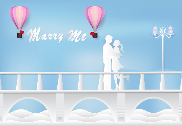 嫁给我。男人求婚的桥牌上有纸艺术风格，纸工艺风格的插画背景。图片下载