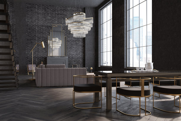 灰色和砖砌的客厅和餐厅图片下载