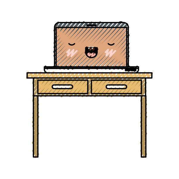 书桌桌子与抽屉和卡哇伊笔记本电脑上面的彩色蜡笔剪影图片下载