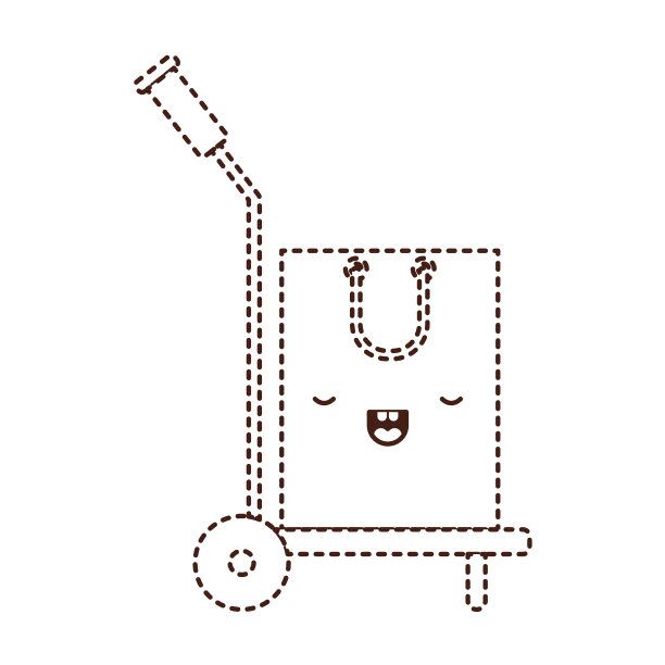 手推车与卡哇伊购物袋在单色点轮廓图片下载