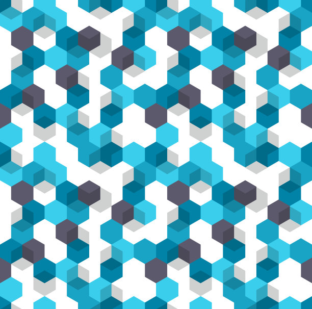 蜂窝载体的背景。蓝色、白色、黑色无缝图案，用于医疗展示。现代几何纹理，用彩色六角形和立方体装饰素材图片