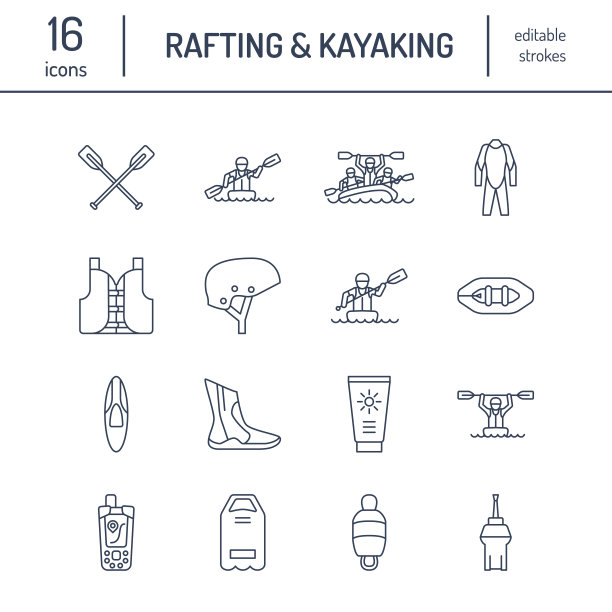 泛舟、皮划艇的图标是平线。矢量插图的水运动设备-河筏，皮划艇，独木舟，桨，救生衣。线性标志设置，夏季娱乐象形图划桨齿轮商店图片下载