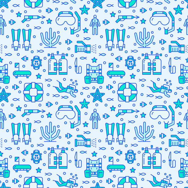 水肺潜水，浮潜无缝模式，水上运动矢量蓝色背景。夏季活动可爱，重复壁纸上有捕鱼器材的鱼叉图标——面罩管、脚蹼。适合儿童使用的纺织品图片下载