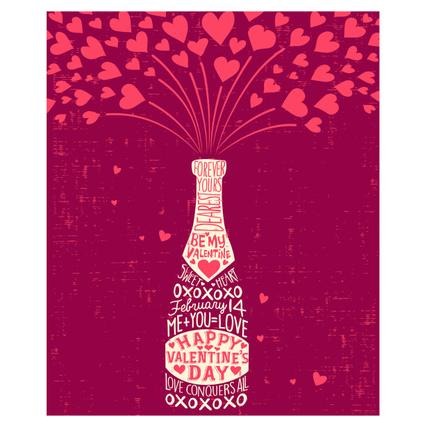 情人节快乐，有香槟瓶，爱心和手写的情话。素材图片