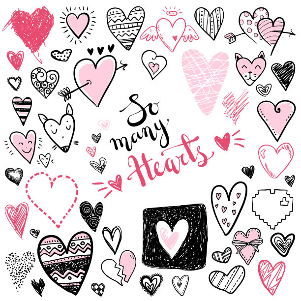有趣的心形涂鸦图标收藏。手绘情人节图片下载