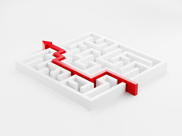 白色背景下穿过白色迷宫的红色路径图片下载