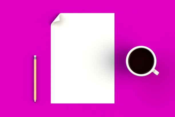 咖啡杯与空白纸在粉红色的背景，顶视图与copyspace为您的文本，3D渲染图片下载