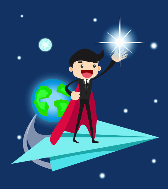 商人站在纸飞机上向目标努力。商业概念矢量插图。图片下载