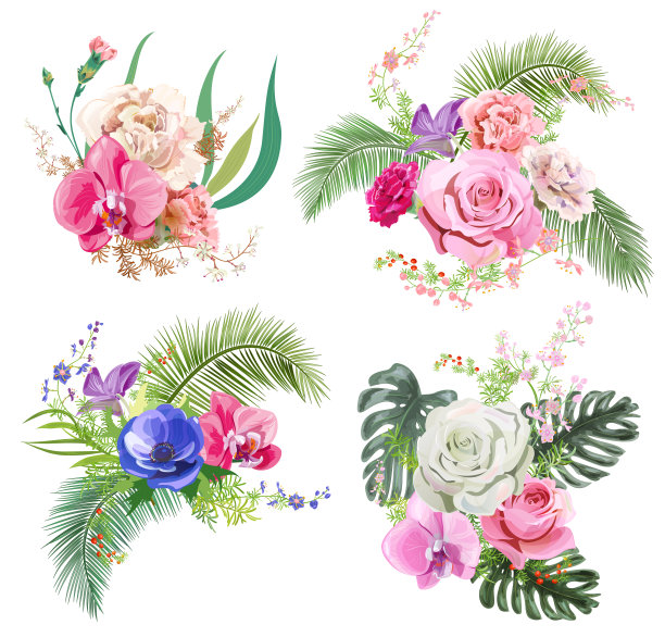 收集热带花卉花束:粉色玫瑰，红色康乃馨，紫色兰花，蓝色银莲花，椰子叶，细枝和浆果。数字水彩画风格，概念设计，矢量图片下载