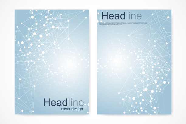 科学的宣传册设计模板。矢量传单布局，分子结构与连接线和点。科学图案原子DNA与元素为杂志，传单，封面，海报设计图片下载