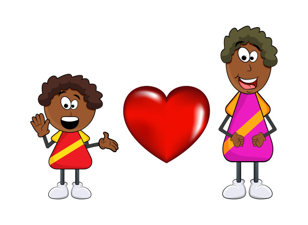 非洲黑人男孩卡通，母亲和心灵孤立的白色背景图片下载