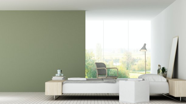 室内卧室空间3d渲染和自然景观图片下载