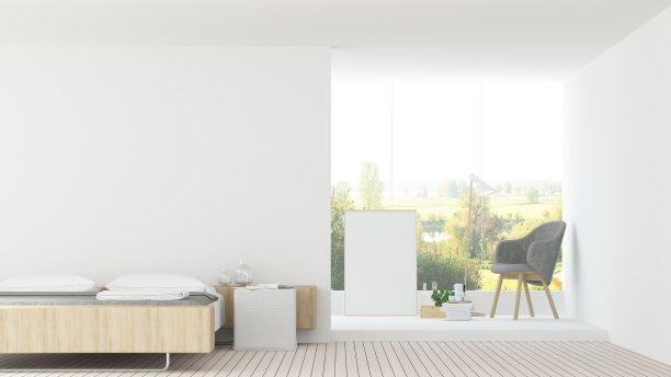 室内卧室空间3d渲染和自然景观图片下载