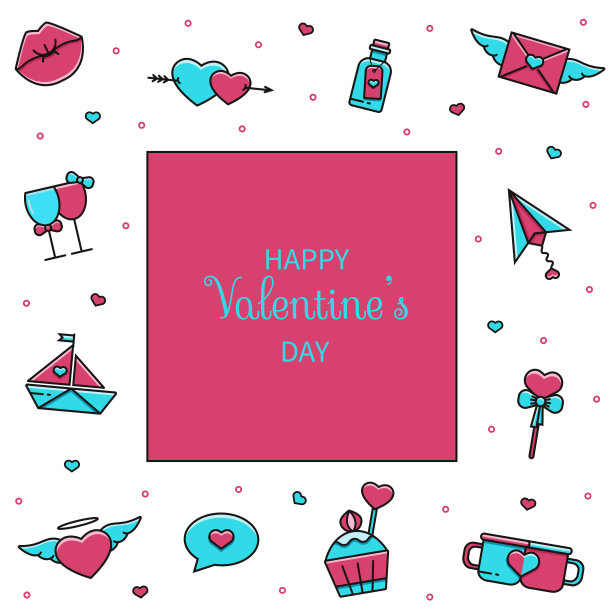 情人节矢量模板为情人卡，海报，邀请，横幅，传单或传单在可爱的线性设计与爱和浪漫的符号在可爱的平色线设计。图片下载