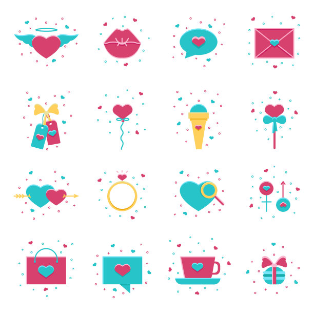 情人节平面图标收集:心，爱的戒指，特价标签，信，糖果。婚礼，订婚，婚姻事件，社交和约会应用程序，2月14日派对的一系列矢量标志。图片下载