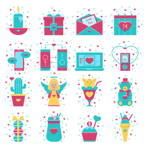 情人节平面图标集:日历，礼盒，甜点，字符。婚礼，订婚，婚姻事件，社交和约会应用程序，2月14日卡片，海报，横幅的向量标志的集合图片下载