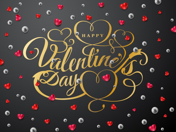 情人节贺卡快乐。金色的字体组成与箭头，红色的心，银珠孤立的背景。矢量假日浪漫插画。墙纸、传单、请帖、海报、节日横幅图片下载