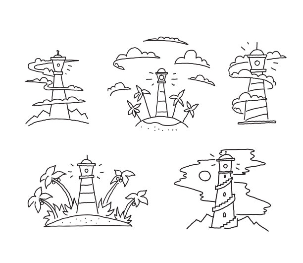 灯塔在云雾灯塔海员标志岛屿和棕榈海洋插图海上旅游冒险。手绘矢量股票插图图片下载