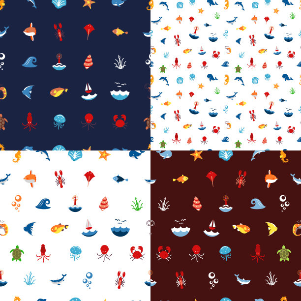 无缝图案海洋或海洋与动物和鱼类，贝类和贝壳。海洋图标。用于应用程序中的接口图片下载