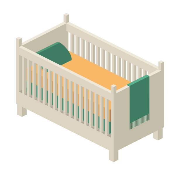 向量白色木制婴儿床与床垫、枕头和毯子在等距视图图片下载