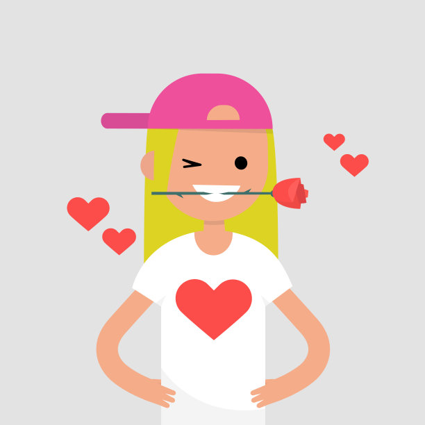 浪漫的概念。年轻的女性人物嘴里叼着一朵红玫瑰。圣瓦伦丁节/平面可编辑矢量插图，剪辑艺术图片下载