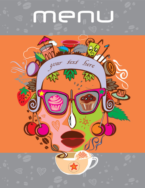 咖啡馆或餐馆的菜单。设计菜单。饮食元素形成一个程式化的脸。图片下载