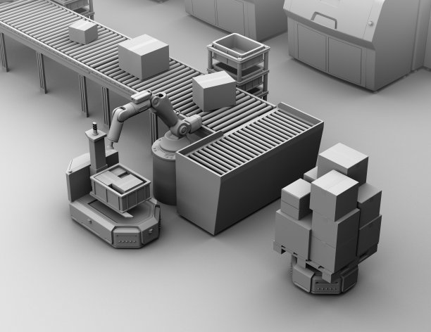 黏土模型渲染的机械臂将包裹运送到自动驾驶叉车AGV素材图片