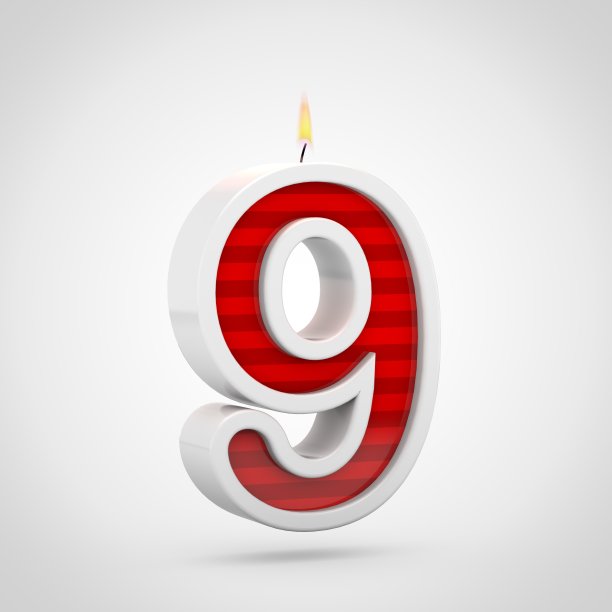 生日蜡烛9号孤立在白色背景。图片下载