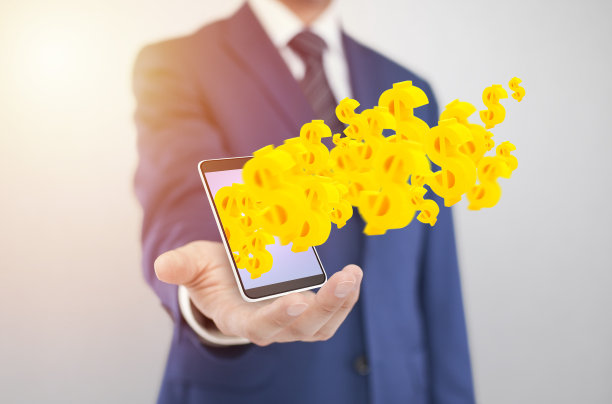 商人的智能手机上的黄色美元符号出现在屏幕上图片下载