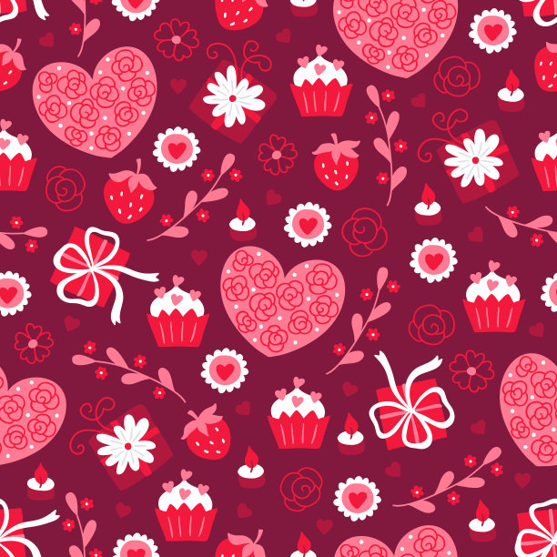 情人节无缝图案的礼物，纸杯蛋糕，蜡烛，树枝，心形，草莓图片下载