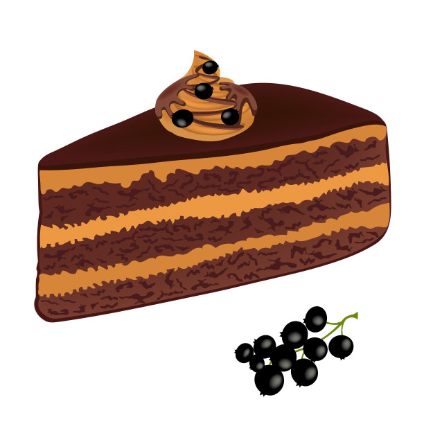 焦糖奶油巧克力蛋糕，装饰浆果。白色背景上孤立着黑醋栗的一块巧克力蛋糕。向量。图片下载