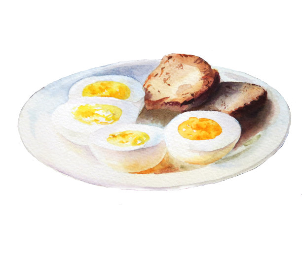 白色背景盘子里的鸡蛋和面包图片下载