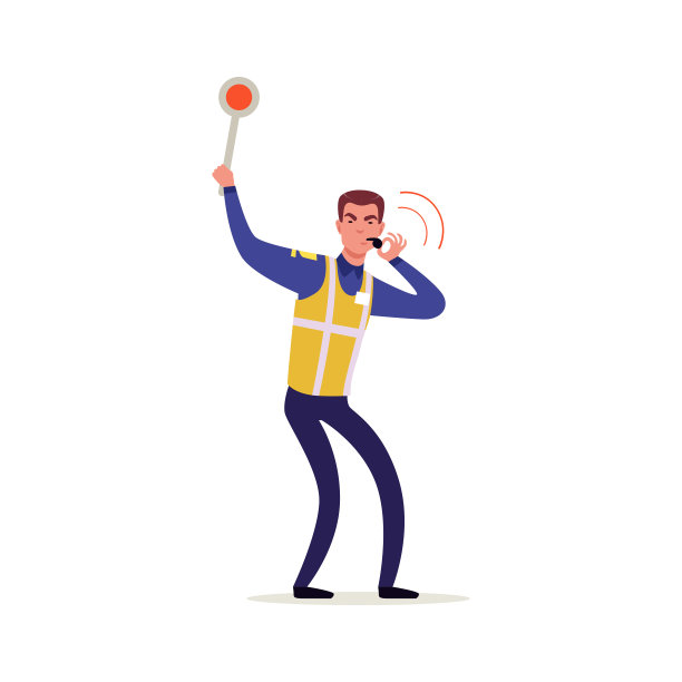 交警身着警服，身穿高能见度背心，手持交通标志并吹着口哨，警员角色在工作中矢量插画图片下载