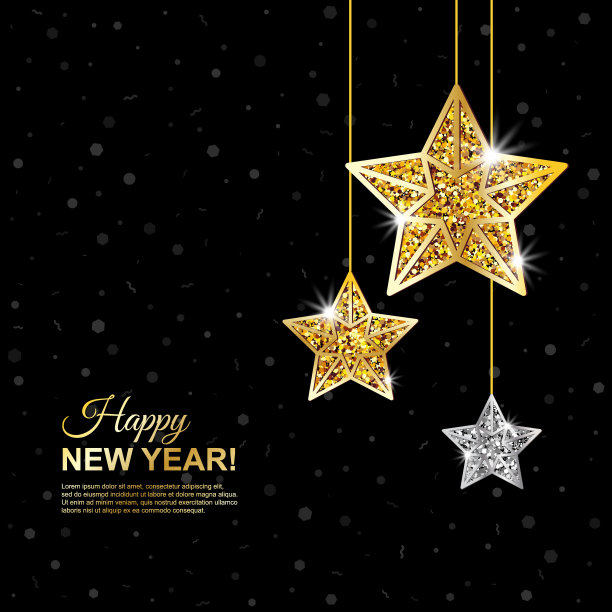 圣诞快乐，新年快乐。闪闪发光的黑色背景与悬挂的金色和银色的星星。矢量插图。图片下载
