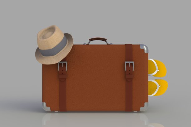 一个戴着草帽和人字拖的旅行箱被孤立在灰色背景上，3D渲染图片下载